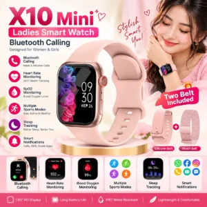 X10 Mini Ladies Smart Watch Bluetooth Calling, Two Belt, Heart Rate Monitoring Smartwatch for Baby and Women
